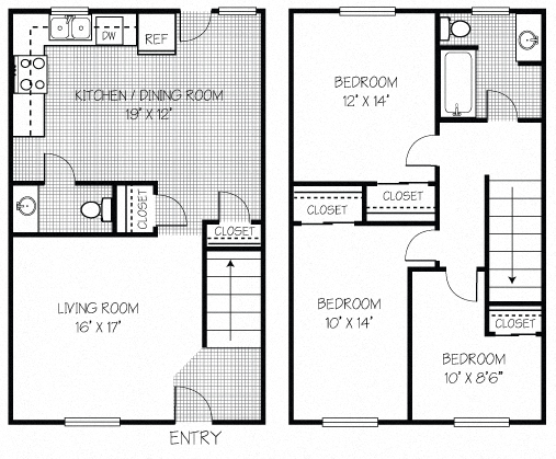 Floor plan for 3 beds, 1.5 baths, 373 sqft